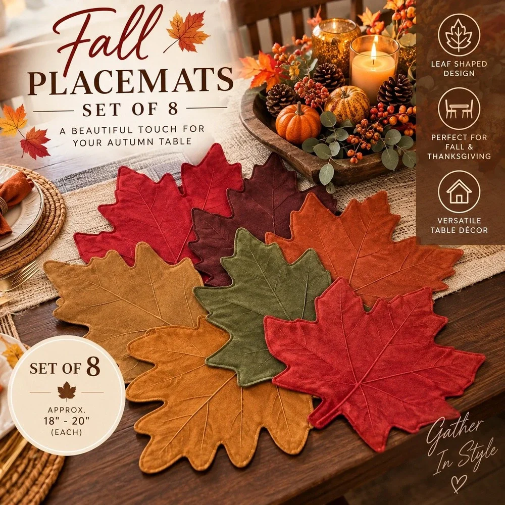 Set of 8 Fall Leaf Placemats Autumn Harvest Oak Maple Rust Green Red Decor